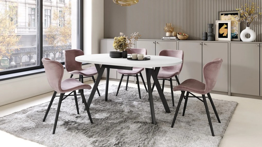 ALMO Matné biele/čierne nohy - OKRÚHLY LOFTOVÝ/INDUSTRIÁLNY ROZKLADACÍ STÔL DO OBÝVAČKY/JEDÁLNE