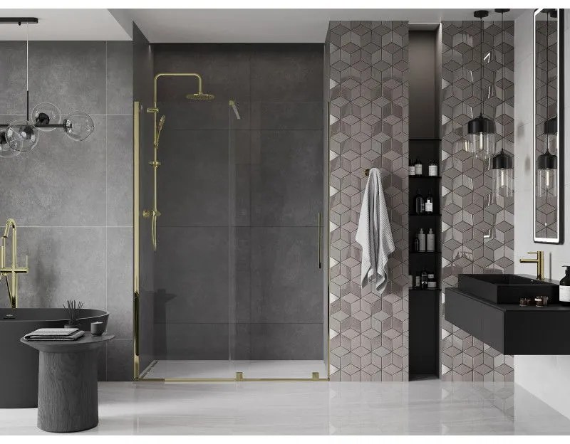 Mexen Velar, posuvné dvere do otvoru 150x200 cm, 8mm číre sklo, zlatá lesklá, 871-150-000-01-50