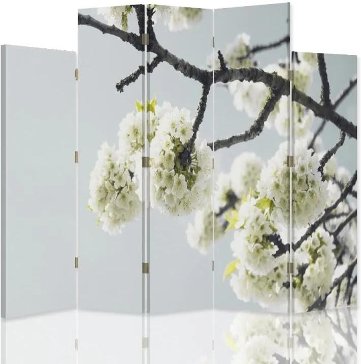 CARO Paraván - White Flowers On The Branch | päťdielny | obojstranný 180x180 cm