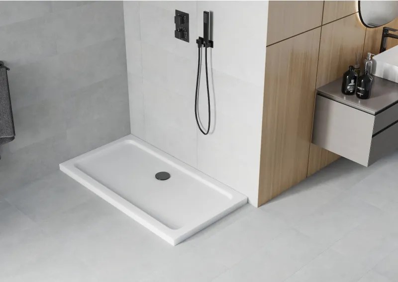 Mexen SLIM - Obdĺžniková sprchová vanička 130x70x5cm + čierny sifón, biela, 40107013B