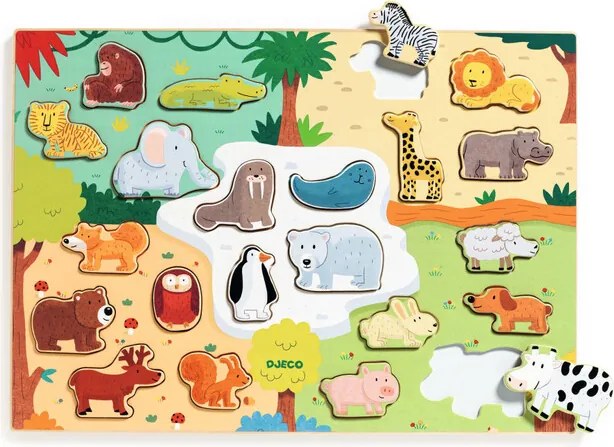 Djeco Drevené vkladacie puzzle: Zvieratká sveta