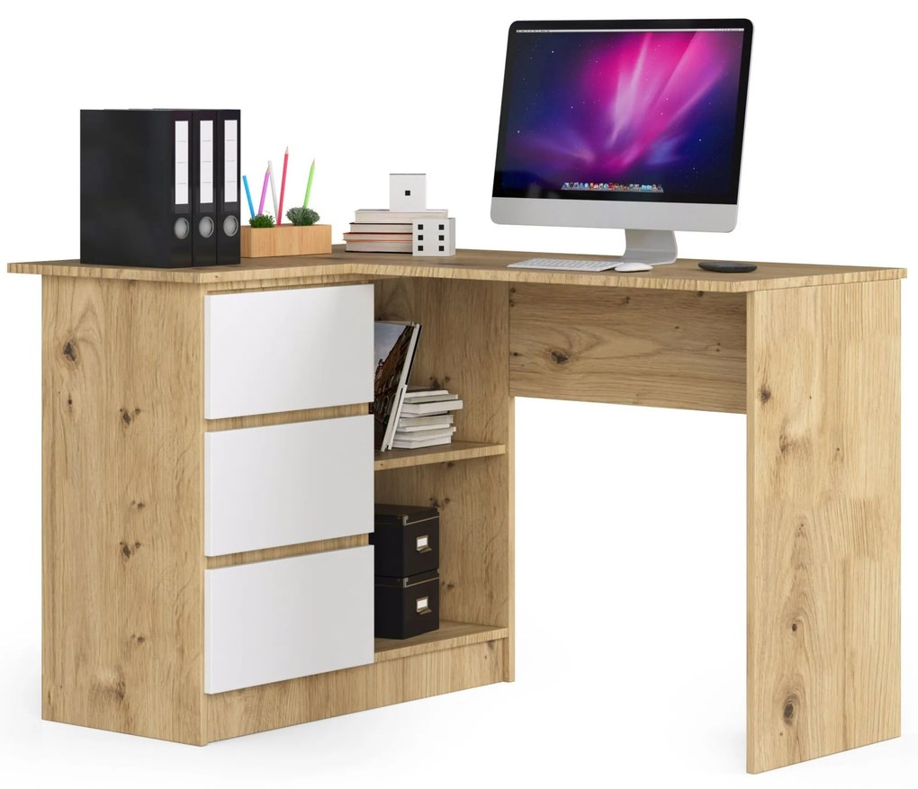 Rohový PC stolík Bodhi (dub artisan + biela) (L). Akcia -14%. Vlastná spoľahlivá doprava až k Vám domov. 1070964