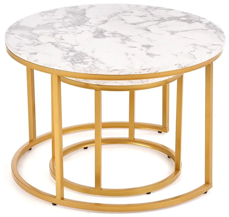 Okrúhly konferenčný stolík (2 ks) Paola - biely mramor / zlatý