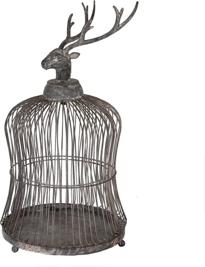 Šedá antik kovová dekorácia vtáčia klietka jeleň Deer - Ø 26*50 cm