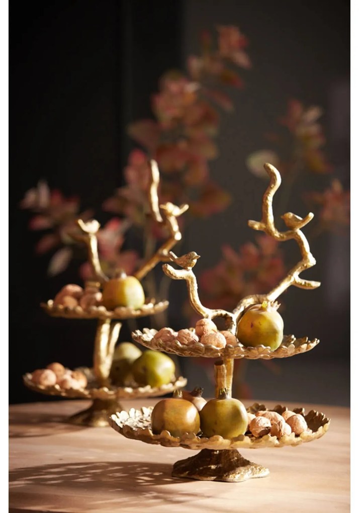 Bronzový kovový 2-poschodový etažér s vtáčikmi Tresa Bird Antique - 37*35*53 cm