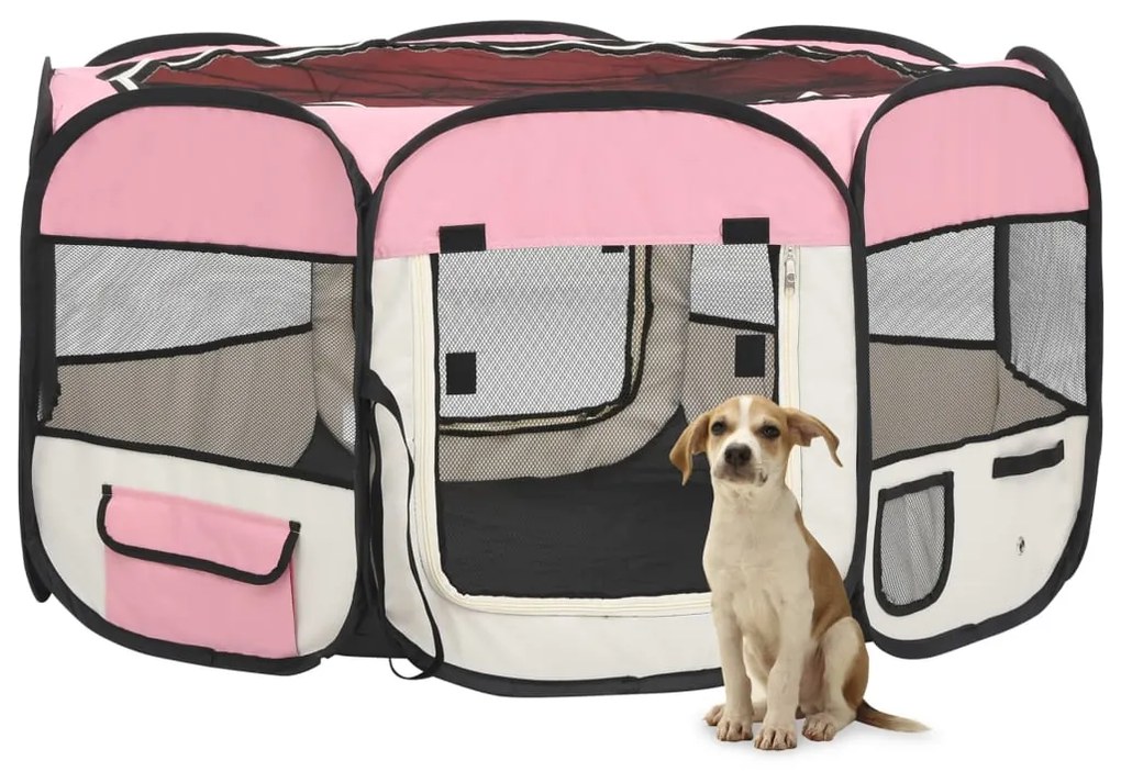 vidaXL Skladacia ohrádka pre psa s prenosnou taškou ružová 125x125x61 cm