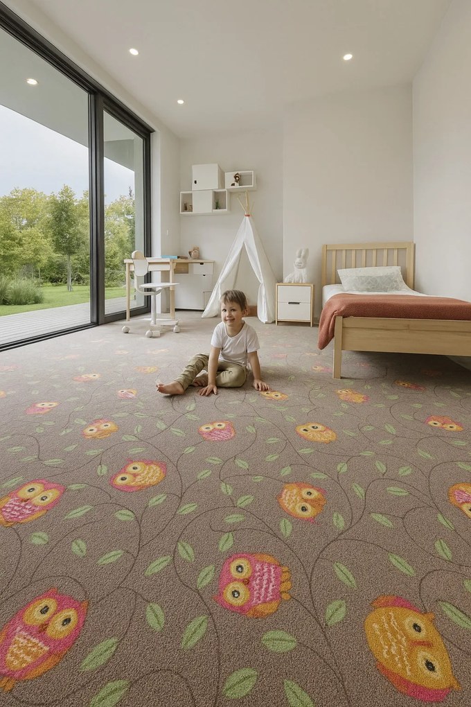 Detský metrážny koberec Little Owls, na mieru, šíře 4m, hnedá, filc, detská izba, AladinWorld Expres