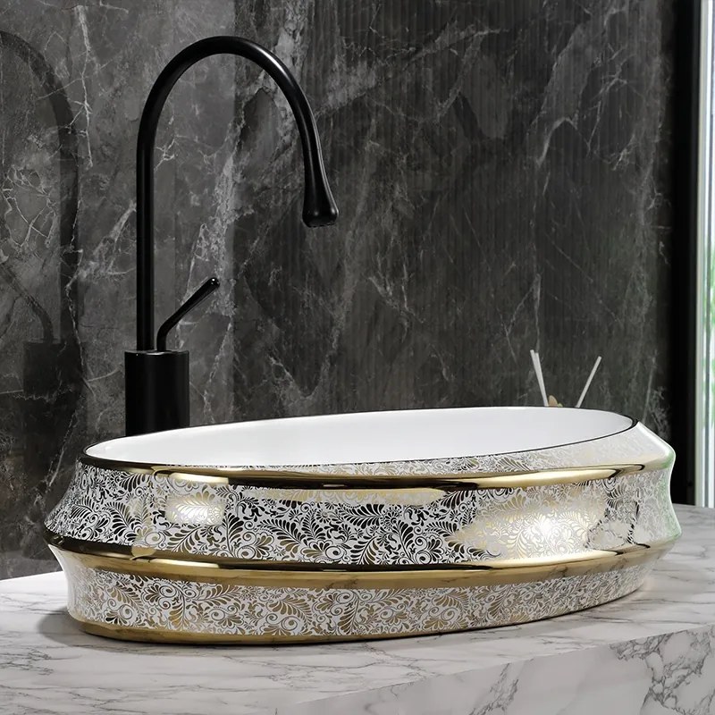 BPS-koupelny Keramické umývadlo na dosku HYD-YO-WH-MOD5-GL-600 60x40 cm, biele/zlatý dekor