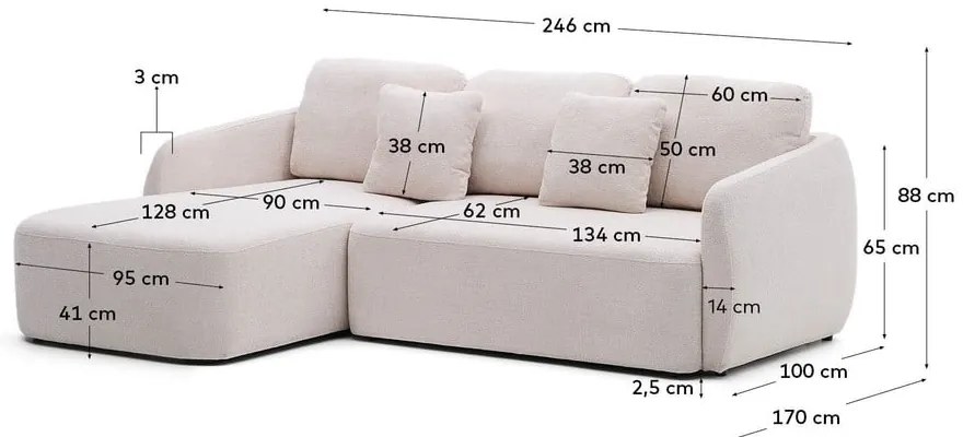 Krémová ženilková rozkladacia rohová pohovka (ľavý roh/s leňoškou) Laira – Kave Home