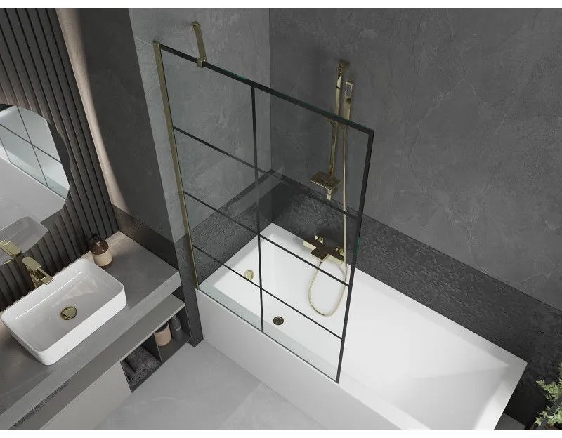 Mexen Next, vaňová zástena 1-krídlová 100 x 150 cm, fixné krídlo, 6 mm číre sklo s čiernym vzorom, zlatý profil, 895-100-000-00-77-50