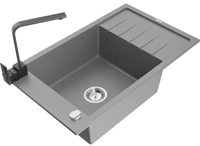 Mexen Elias, granitový drez granitový 795x480x200 mm, 1-komorový, šedá s chrómovým sifónom a čierna drezová batéria Rita, 6511-71-670300-70
