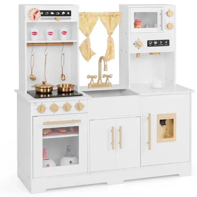 Drevená kuchynka na hranie  s drezom a kuchynkou s vodovodným kohútikom s príslušenstvom pre deti od 3 rokov