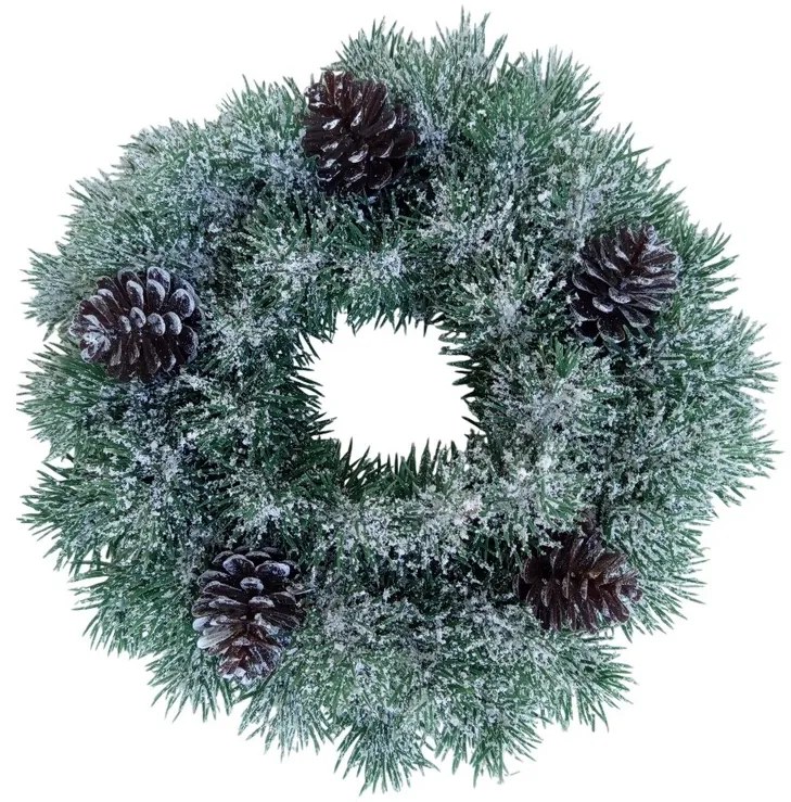 Plastový veniec zasnežený so šiškami, pr. 28 cm
