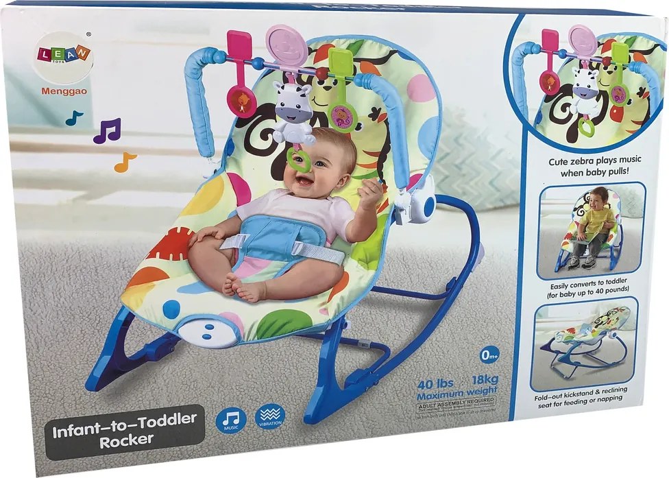 LEAN Toys Hojdacie kreslo 2v1 Modrá Zebra Zvuky Vibrácie