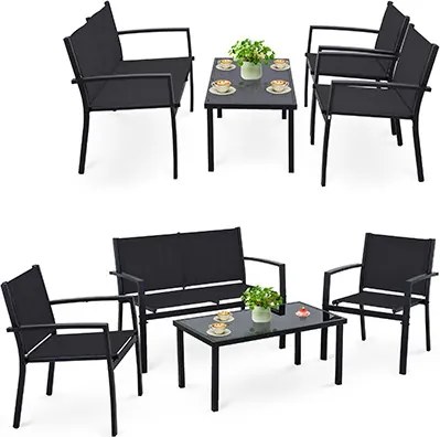 JU Oceľová súprava s pohovkou z textilénu, 2 kreslami a konferenčným stolíkom – čierna