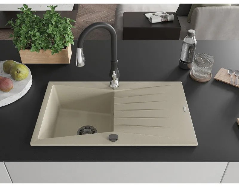 Mexen Cesar, 1-komorový granitový drez 775x470x190 mm a drezová batéria Savita, béžová, 6514-69-672601-70