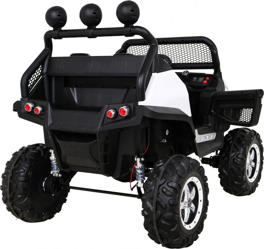 Ramiz Mercedes Benz Unimog pre deti biely + pohon 4x4 + diaľkové ovládanie + nosič batožiny + pomalý štart + MP3 LED