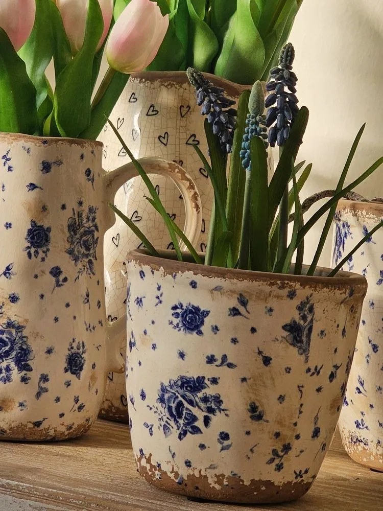 Béžový keramický obal na kvetináč s modrými ružami Blue Rose S - Ø 13*12 cm