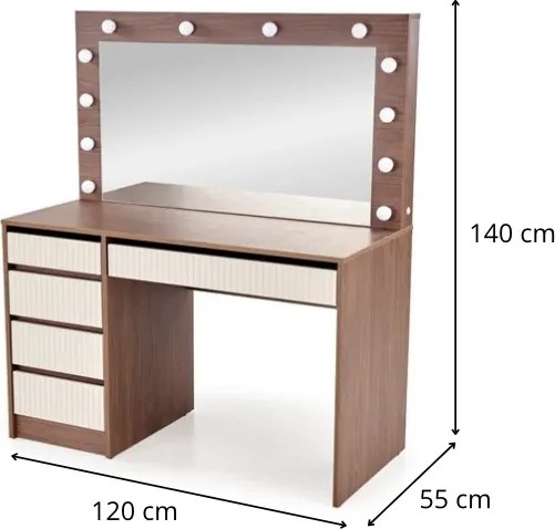 Toaletní stolek HOLLYWOOD 2XL s LED osvětlením 120 cm kašmírový/ořech
