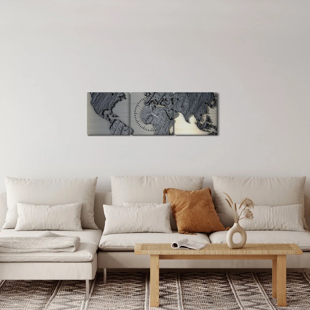 Obraz - Mapa sveta v kamennej textúre (s hodinami) (90x30 cm)