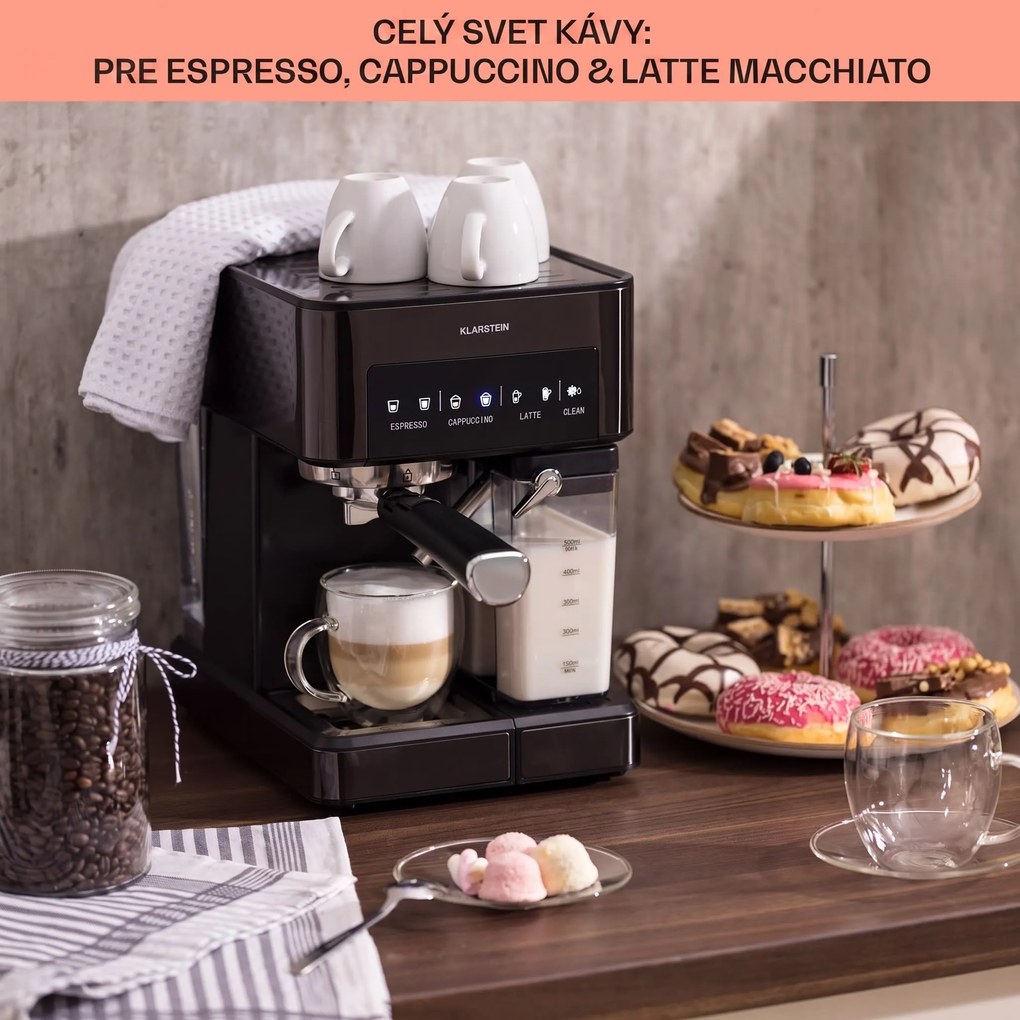 Klarstein Arabica Comfort  kávovar s portafiltrom, 1350 W, 20 bar, 1,8 l, dotykový ovládací panel