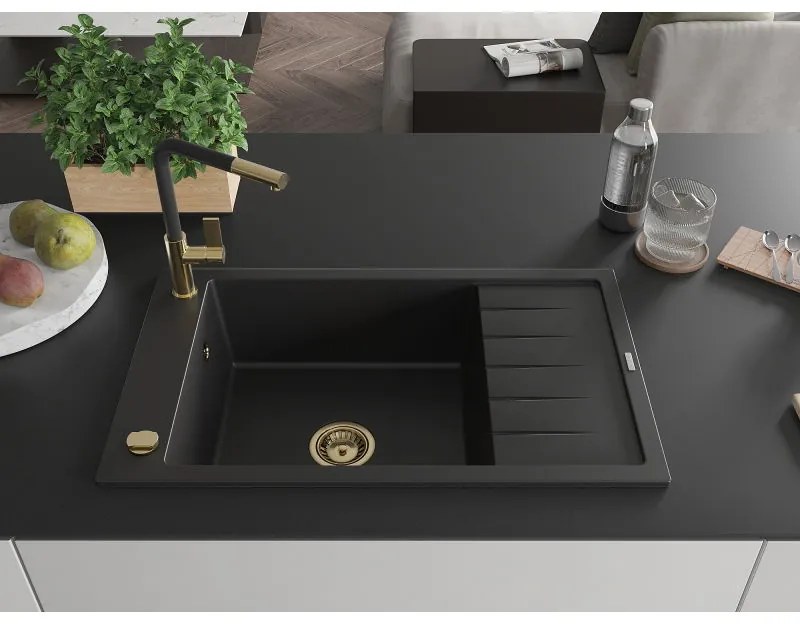 Mexen Elias, 1-komorový granitový drez 795x480x200 mm a drezová batéria Flora, čierna, 6511-77-670401-57-G