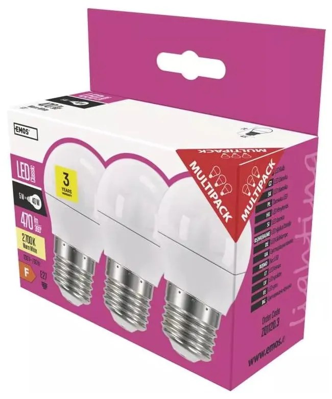 Teplé LED žiarovky v súprave 3 ks E27, 5 W - EMOS