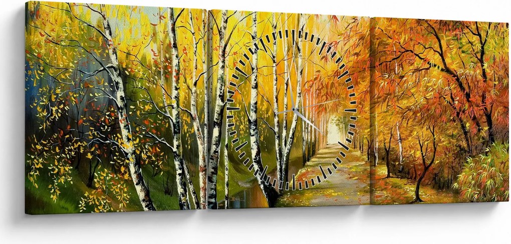 Obraz - Romantická alej pozdĺž vody, olejomaľba (s hodinami) (90x30 cm)