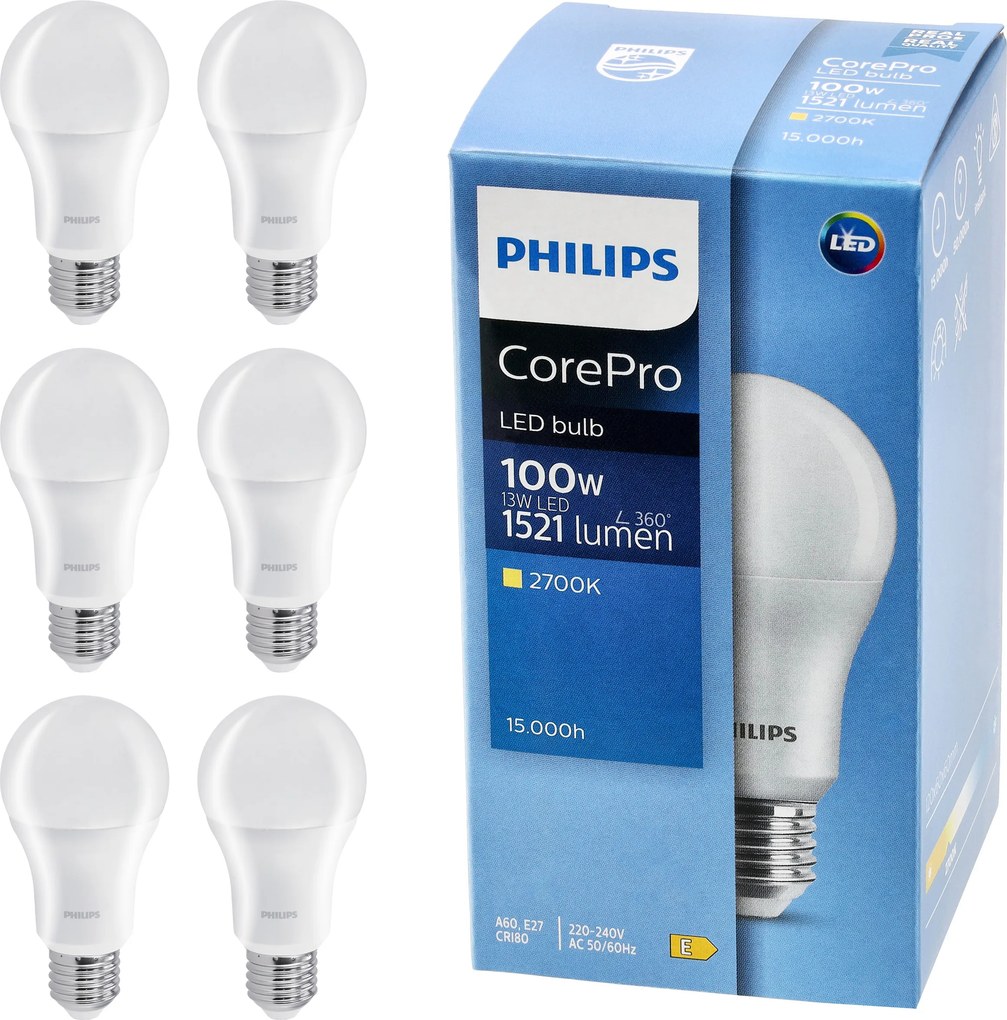 SADA 6x LED žiarovka E27 PHILIPS 13W = 100W 1521lm Farba 2700k Premium A60