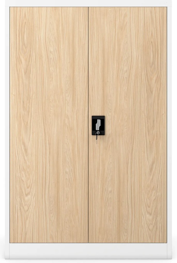 Kovová kancelárska skriňa s 3 policami, nízka, biela/dub Sonoma, 900x1400x400 mm: KEVIN Eco Design