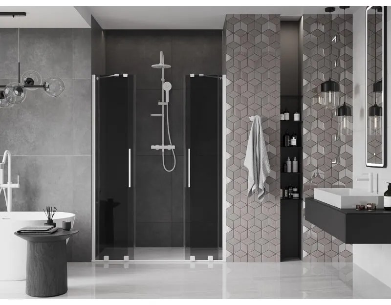 Mexen Velar Duo, posuvné sprchové dvere do otvoru 150 cm, 8mm šedé sklo, biela matná, 871-150-000-42-20