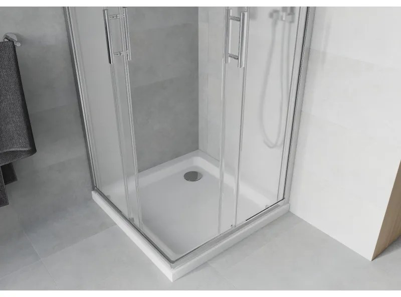 Mexen Rio, štvorcový sprchovací kút s posuvnými dverami 70(dvere) x 70(dvere) x 190 cm, 6mm sklo námraza, chrómový profil + biela sprchová vanička SLIM, 860-070-070-01-30-4010