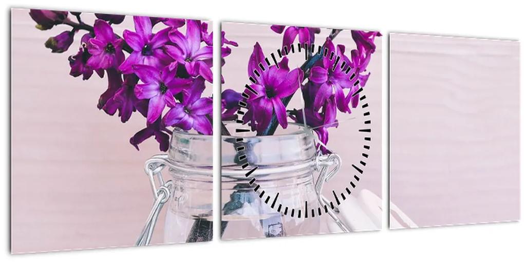 Obraz fialových kvetín (s hodinami) (90x30 cm)