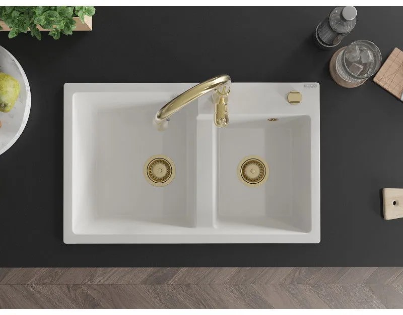 Mexen Tomas, granitový drez 800x500x190 mm, 2-komorový a drezová batéria Savita, biela, 6516-20-672601-50
