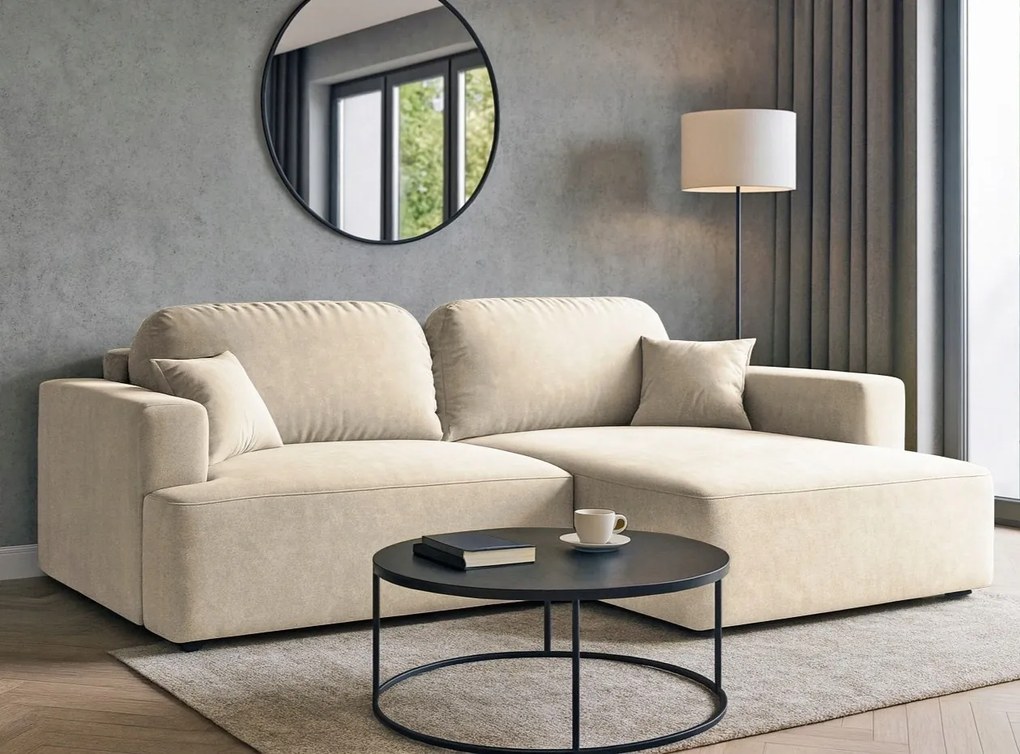 Rohová sedačka na spanie Sunny pravá s úložným priestorom na posteľnú bielizeň, béžový velúr