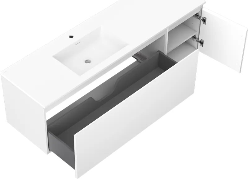 Mexen Orio, kúpeľňová skrinka 160 cm s ľavým umývadlom Otis, 1S, 1D, biela matná, 91A13-16047-3-BBFF01-W18L01