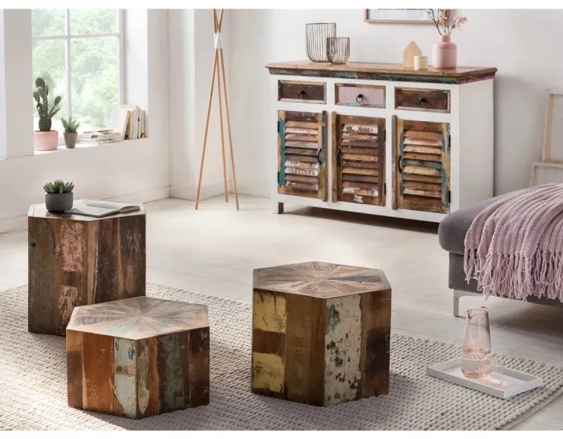 furniture-nabytek.cz - Sada 3 konferenčných stolíkov Wakefield z recyklovaného tvrdého dreva, lakovaných, viacfarebných, šesťuholníkových