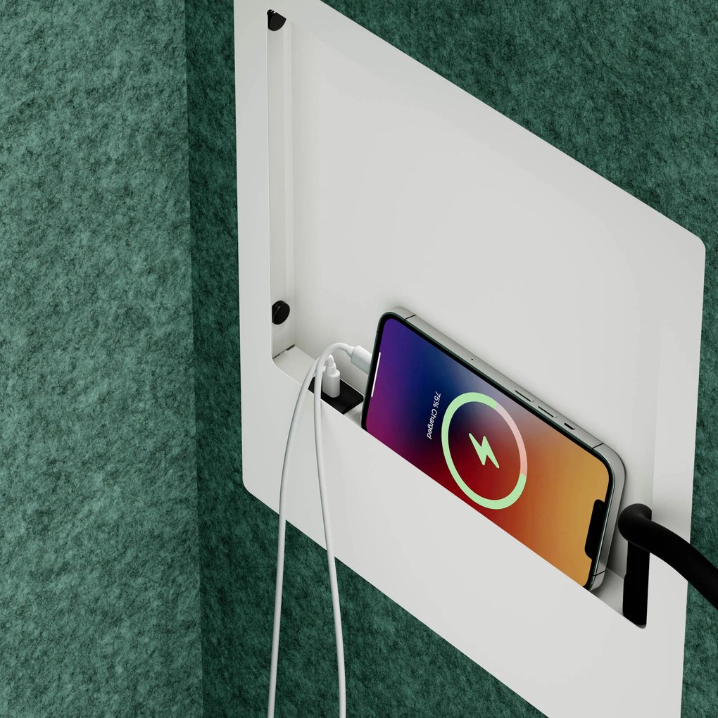 Kancelárska akustická kabína so sedadlom a portom USB-C, telo v Biely farbe / sedadlo v zelenej farbe, 600 mm: SALLY MentalBox