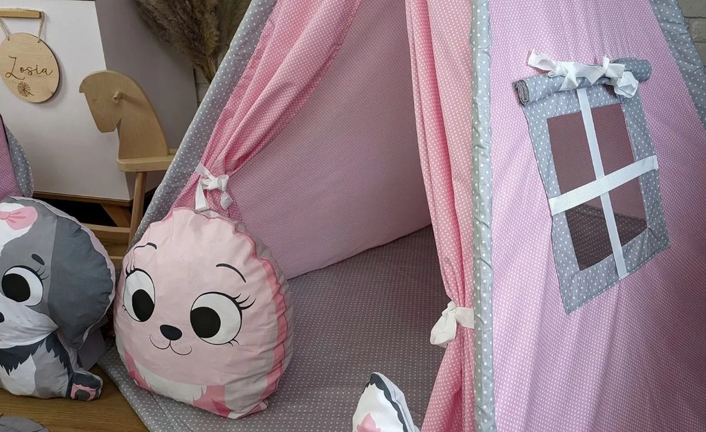 Detský stan TEEPEE (TÝPIE) ANIMALS s doplnkami - RUŽOVÁ PARTIČKA - ružový/sivý