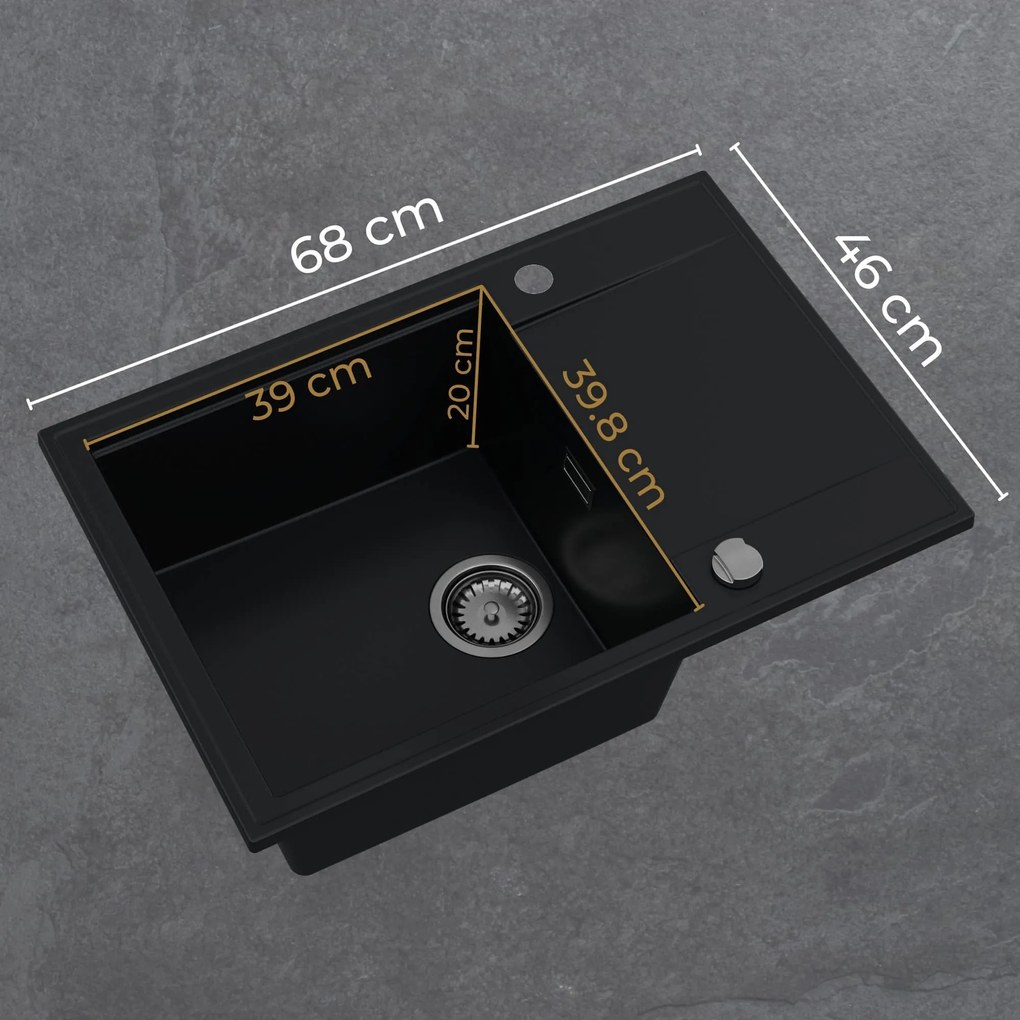 Sink Quality Sink55, kuchynský granitový drez 680x460x215 mm + chrómový sifón, šedá, SKQ-SINK.D.1KDO.X