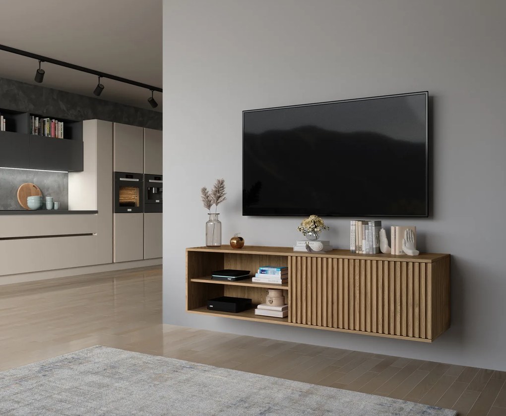 AKCIA Nástenný TV stolík ENTSIAN 150x40cm, dub artisan II. akosť