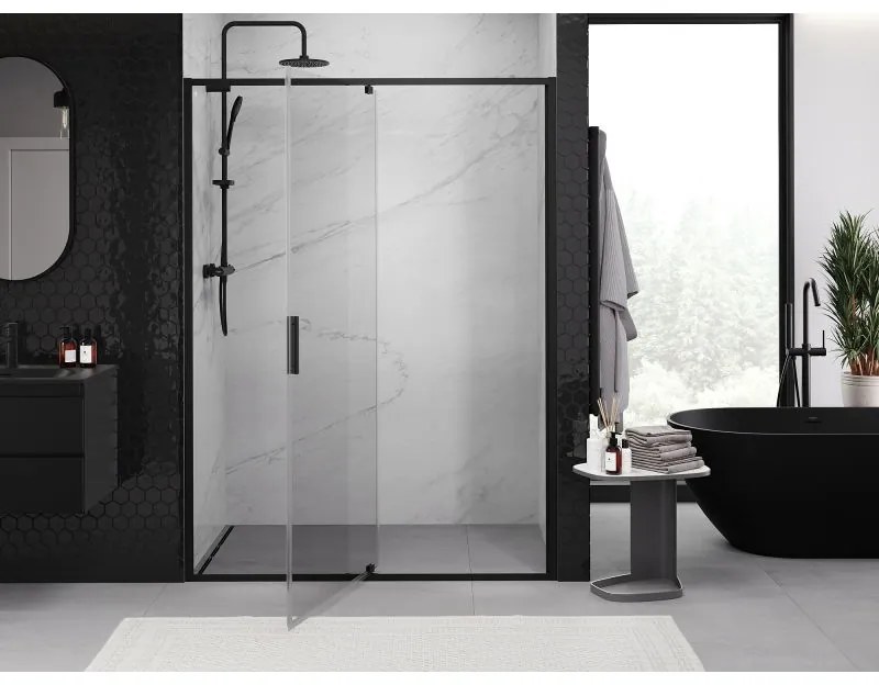 Mexen Exo, 1-krídlové dvere do otvoru 150x200 cm, 6mm číre sklo, čierny profil, 819-150-000-70-00