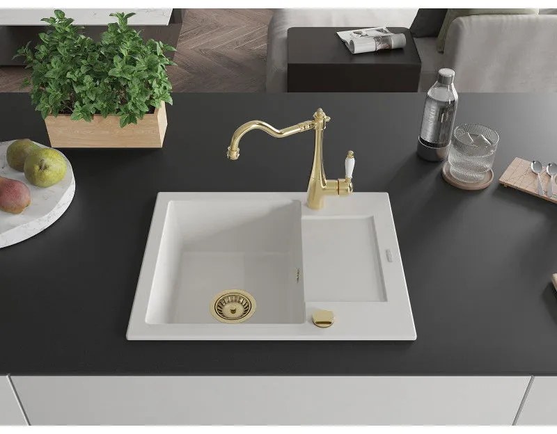 Mexen Enzo, granitový drez 576x465x174 mm, 1-komorový a drezová batéria Carla, biela, 6506-20-670700-50