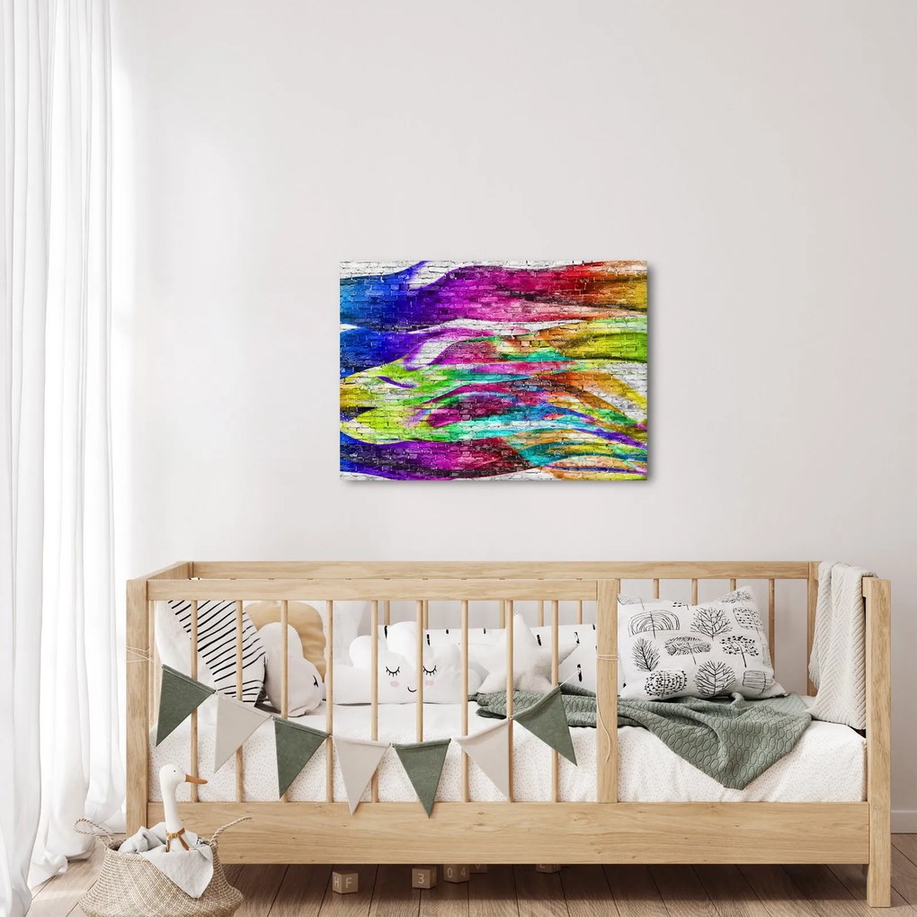 Obraz - Tehlový múr s farebnými plameňmi (70x50 cm)