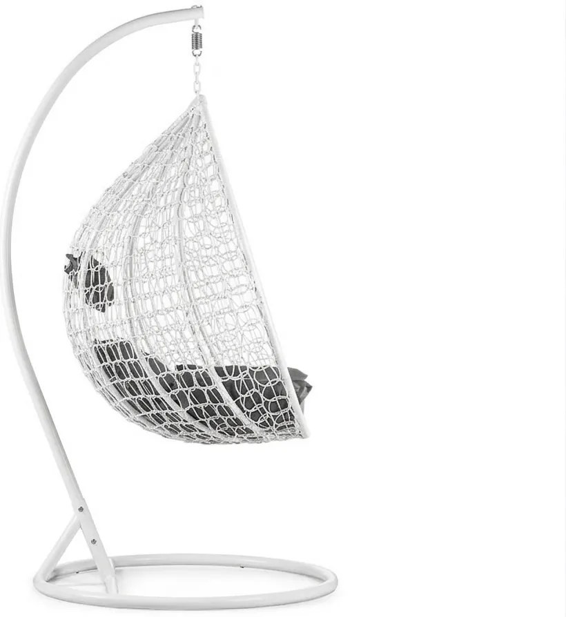 Biele závesné kreslo KOKON so stojanom, sivý vankúš