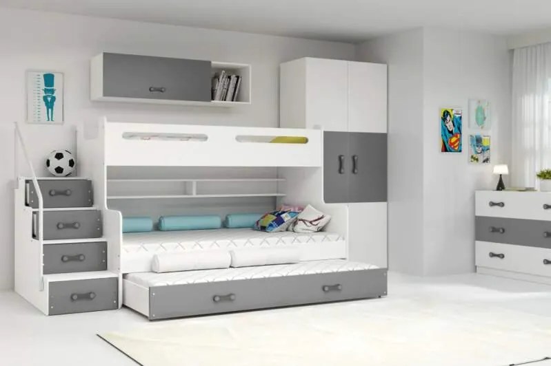 Poschodová posteľ s prístelkou MAX 3 rozšírená 200x120 biela - grafitová