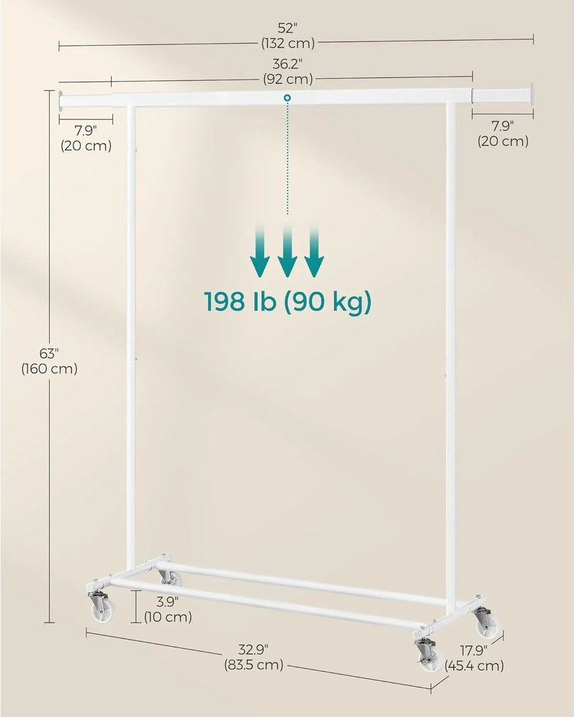 Stojan na šaty s kolieskami, nosnosť 100 kg, biely