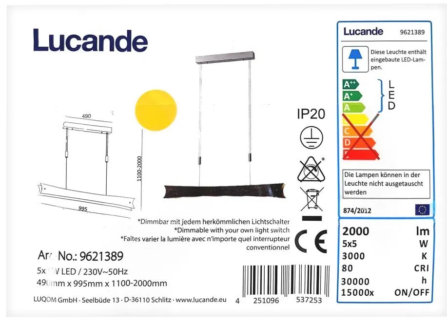 Lucande - LED Stmievateľný luster na lanku EBBA 5xLED/5W/230V
