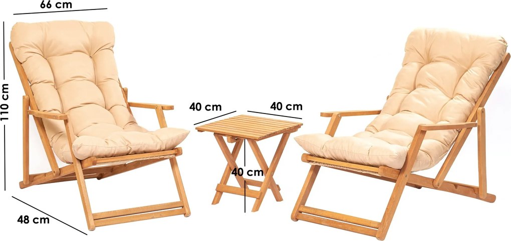 Sada zahradního nábytku Triol se stolem a dvěma lehátky z masivu hnědá/krémová