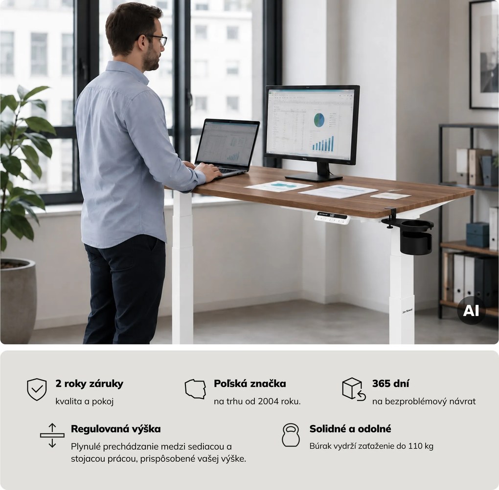 Elektrický stôl s nastaviteľnou výškou ergonomický biely/orech,1400x700 mm: ARIA